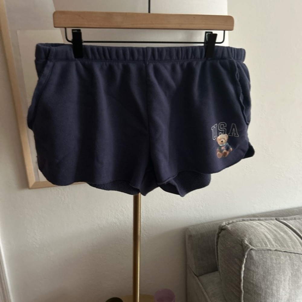 Women's Navy Blue Bear Usa Graphic  Shorts Size L Lounge Comfy Bear